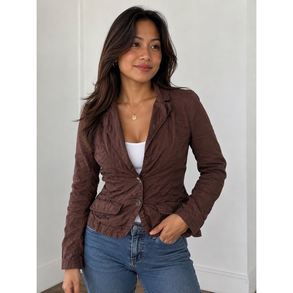 H&M Brown Crinkled Cotton Blazer Jacket Womens Size 8 Slim Fit‎ Textured Casual